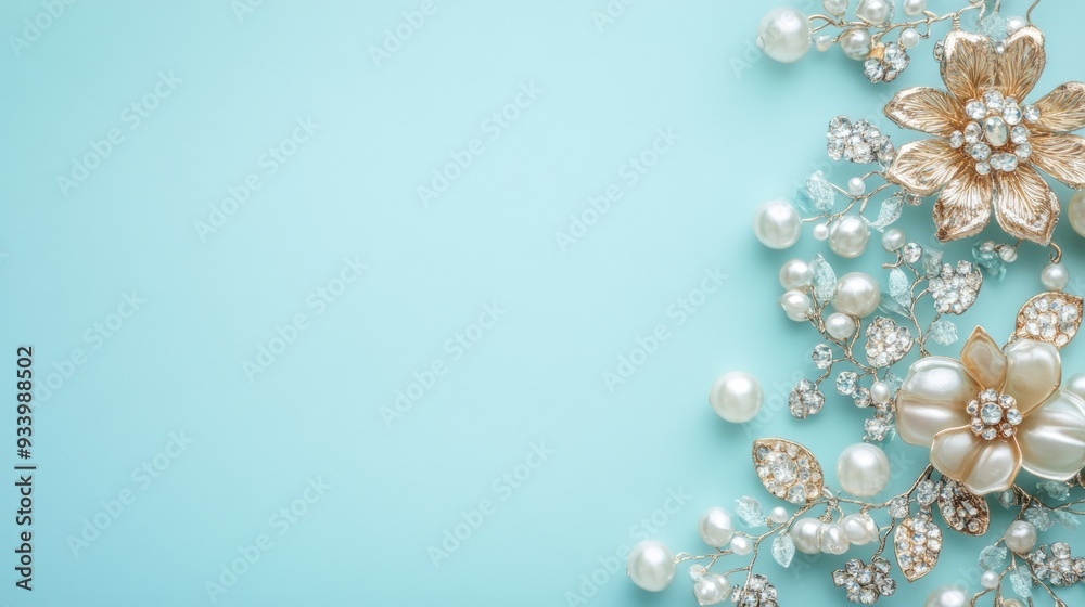 Elegant Pearl and Rhinestone Jewelry on a Blue Background Elegant Pearl and Rhinestone Jewelry on a Blue Background