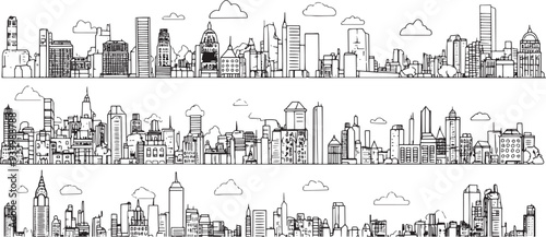 City landscape. Line urban backdrop. Skyline with clouds, different buildings on street, doodle street draw, outline cityscape hand sketch, flat houses. Hand drawn vector illustration