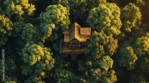 Aerial perspective of a beautifully crafted treehouse hidden within a vibrant, dense forest, exuding tranquility.