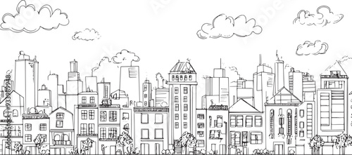 City landscape. Line urban backdrop. Skyline with clouds, different buildings on street, doodle street draw, outline cityscape hand sketch, flat houses. Hand drawn vector illustration