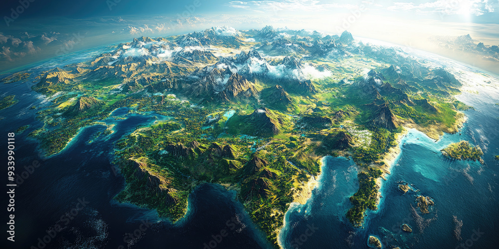 Fototapeta premium Lush green islands and deep blue oceans are interspersed with fluffy white clouds in this breathtaking view of earth from space. World tourism day