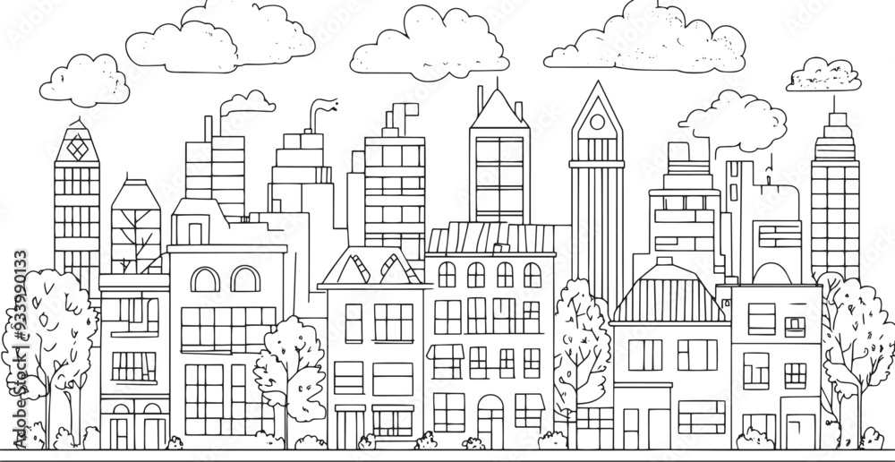 City landscape. Line urban backdrop. Skyline with clouds, different buildings on street, doodle street draw, outline cityscape hand sketch, flat houses. Hand drawn vector illustration City landscape. Line urban backdrop. Skyline with clouds, different buildings on street, doodle street draw, outline cityscape hand sketch, flat houses. Hand drawn vector illustration