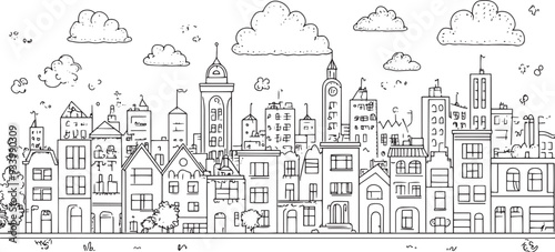 City landscape. Line urban backdrop. Skyline with clouds, different buildings on street, doodle street draw, outline cityscape hand sketch, flat houses. Hand drawn vector illustration