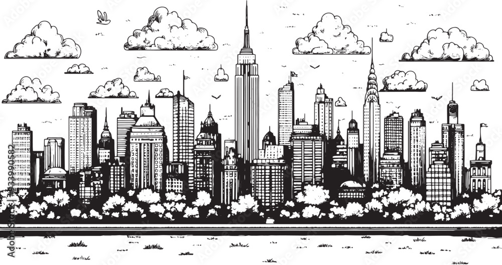 City landscape. Line urban backdrop. Skyline with clouds, different buildings on street, doodle street draw, outline cityscape hand sketch, flat houses. Hand drawn vector illustration City landscape. Line urban backdrop. Skyline with clouds, different buildings on street, doodle street draw, outline cityscape hand sketch, flat houses. Hand drawn vector illustration