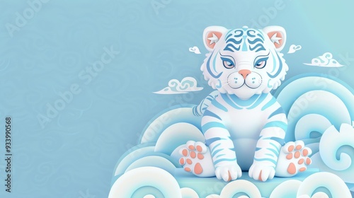 Cute White Tiger Sitting on Clouds.