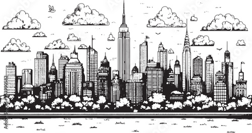 City landscape. Line urban backdrop. Skyline with clouds, different buildings on street, doodle street draw, outline cityscape hand sketch, flat houses. Hand drawn vector illustration