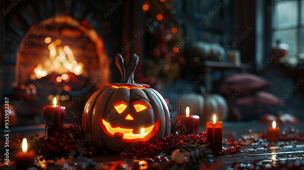 Smiling jack-o-lantern with glowing candlestick, surrounded by candles, and warm fireplace Smiling jack-o-lantern with glowing candlestick, surrounded by candles, and warm fireplace
