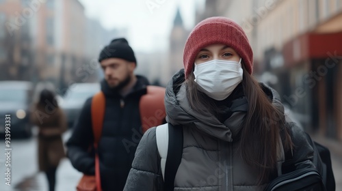 A woman wearing a mask walks through a bustling city street while a man stands in the background, showcasing urban life during winter.