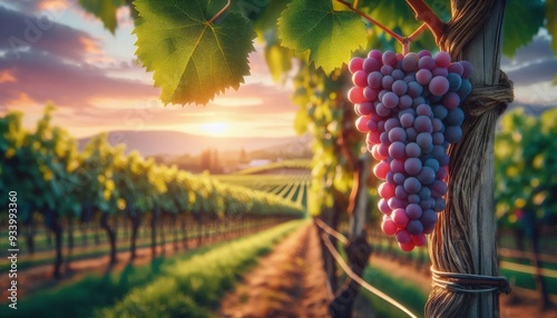 Realistic photograph of a fruit farm with rows of grapevines, a close-up of a branch laden with ripe grapes, set against a blurred background of the orchard during golden hour