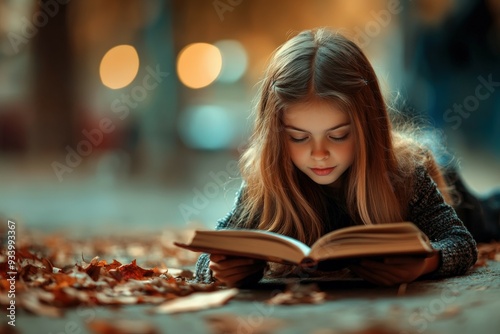 Young girl reading a book on a bed of autumn leaves