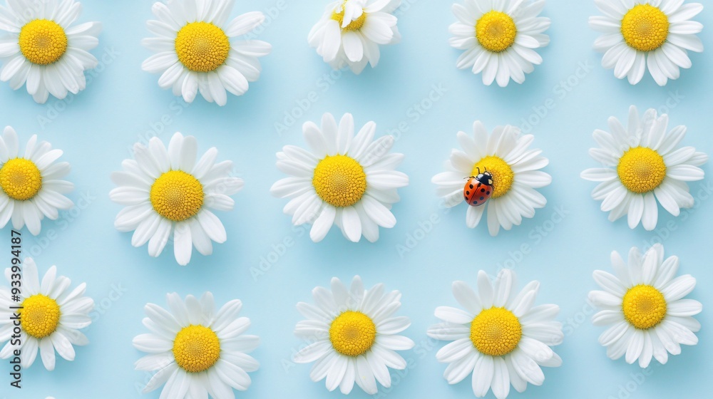 A whimsical flat lay featuring daisy petals in white and yellow, arranged in a zigzag pattern on a light blue background, with a tiny ladybug placed on one petal A whimsical flat lay featuring daisy petals in white and yellow, arranged in a zigzag pattern on a light blue background, with a tiny ladybug placed on one petal
