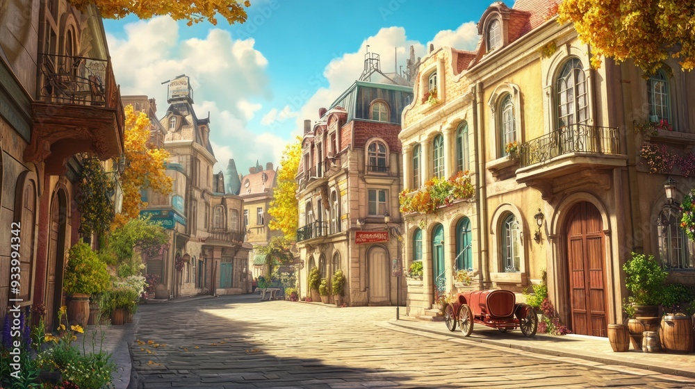 Fototapeta premium A Quaint European Street with Classic Architecture and a Vintage Carriage