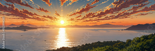 Create an anime-style landscape illustration of Inland Sea in the evening as the sun sets on the horizon, casting a golden light. The sky is clear