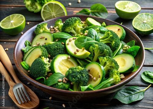 Fresh green baby spinach salad bursting with creamy avocado, crunchy broccoli, refreshing cucumber, zesty lime, and nutty sesame seeds for a healthy detox vegan delight. photo