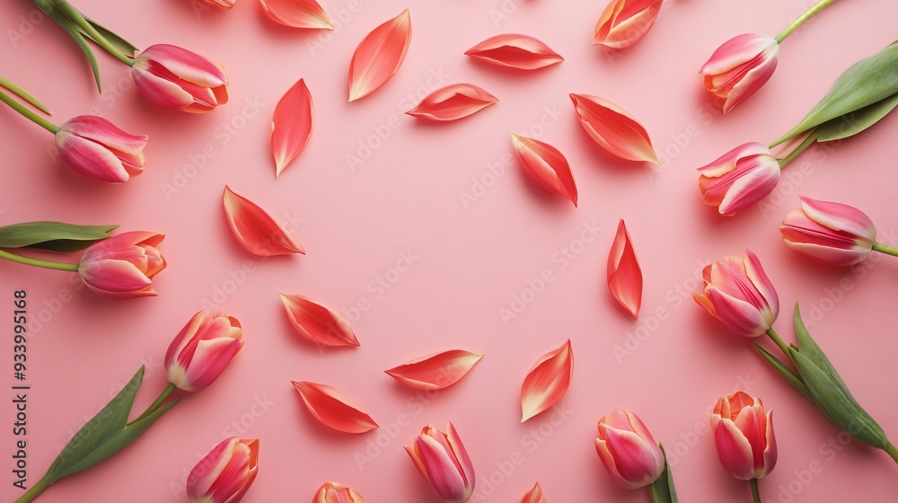 An artistic flat lay with tulip petals arranged in a spiral pattern on a soft pink background, with a few whole tulips placed at the edges An artistic flat lay with tulip petals arranged in a spiral pattern on a soft pink background, with a few whole tulips placed at the edges