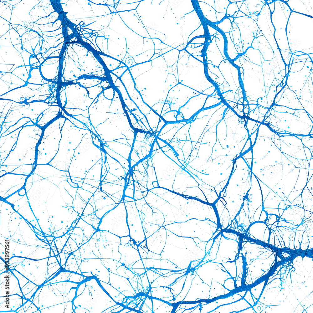 Fototapeta premium Abstract representation of neural connections in vibrant blue against a white background, showcasing intricate patterns akin to a network, illustrating biological complexity and interconnectedness