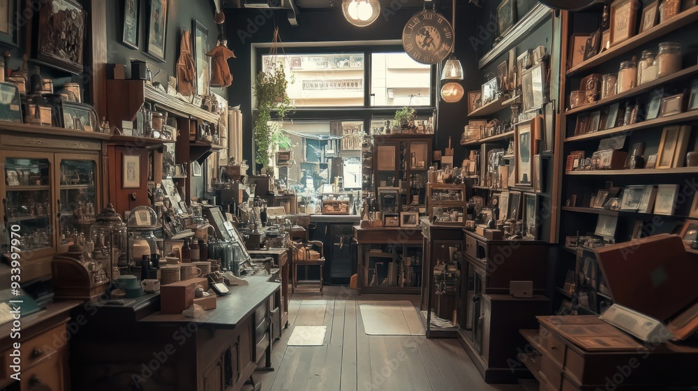 A cluttered antique shop with wood shelves and glass jars A cluttered antique shop with wood shelves and glass jars
