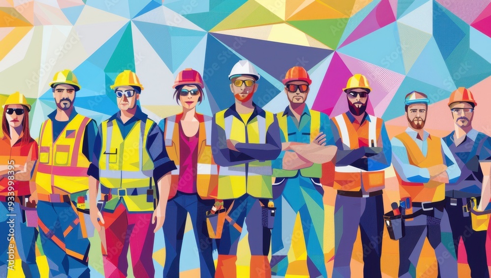 A diverse group of workers, representing different safety themes and printing styles, standing in front of an abstract background with geometric shapes Generative AI A diverse group of workers, representing different safety themes and printing styles, standing in front of an abstract background with geometric shapes Generative AI