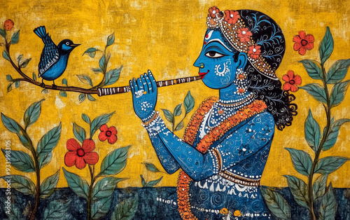 Colorful illustration depicting hindu god krishna playing bansuri flute in a natural setting with bird and flowers