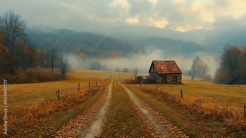 Obraz premium A rustic cabin sits in a misty field, with a long dirt road leading up to it.