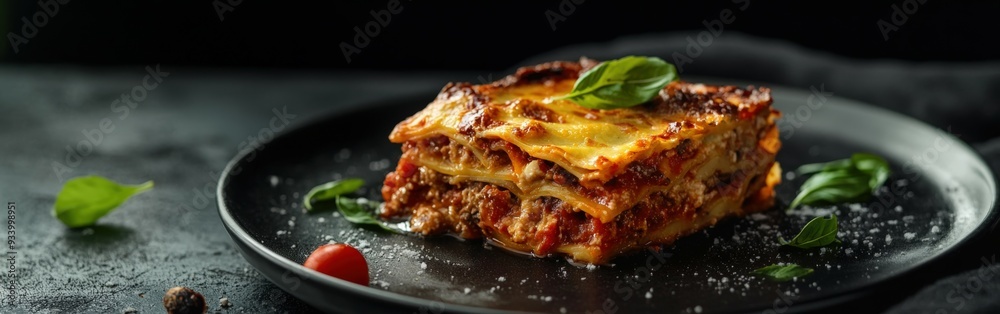 Delicious lasagna served on a black plate with fresh basil Delicious lasagna served on a black plate with fresh basil