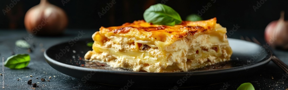 Delicious homemade lasagna served on a black plate with basil Delicious homemade lasagna served on a black plate with basil