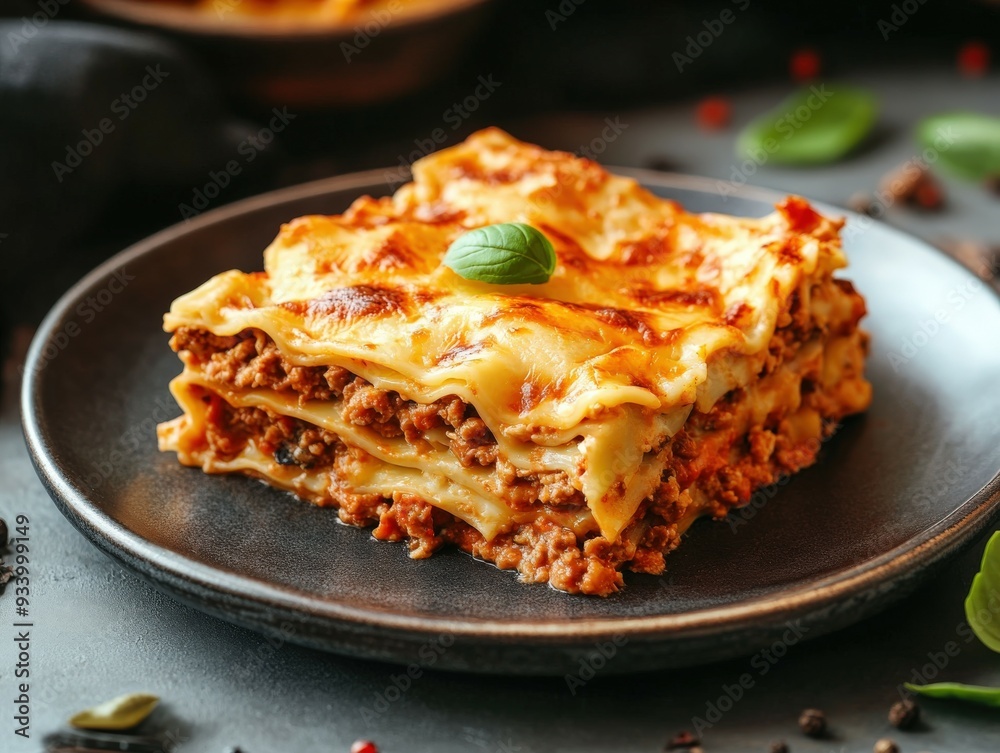 Homemade lasagna with meat and cheese on a black plate Homemade lasagna with meat and cheese on a black plate