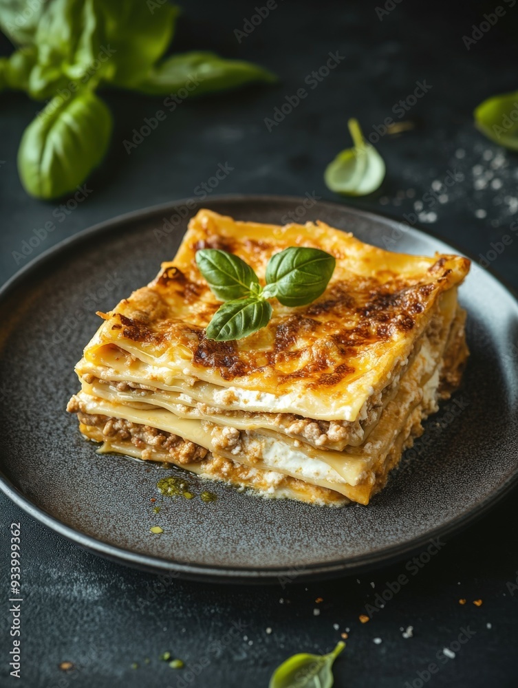 Delicious lasagna served on a dark plate with fresh basil Delicious lasagna served on a dark plate with fresh basil