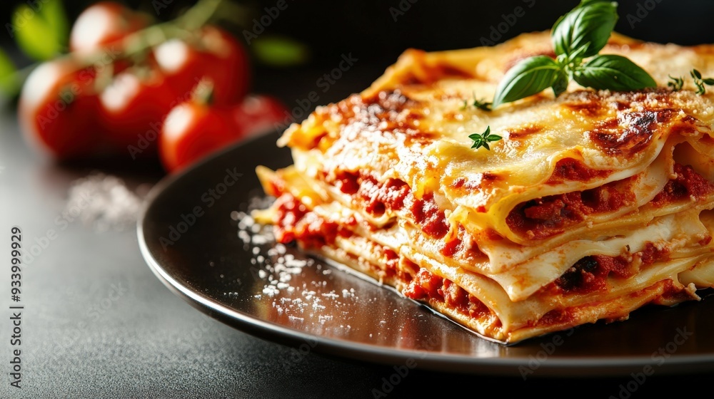 Delicious homemade lasagna served on a black plate with fresh basil Delicious homemade lasagna served on a black plate with fresh basil