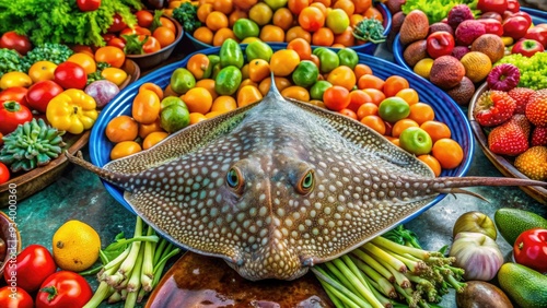 Freshly caught stingray lies on a vibrant market stall, surrounded by colorful fruits and vegetables, at a bustling morning market in Johor, Malaysia. photo