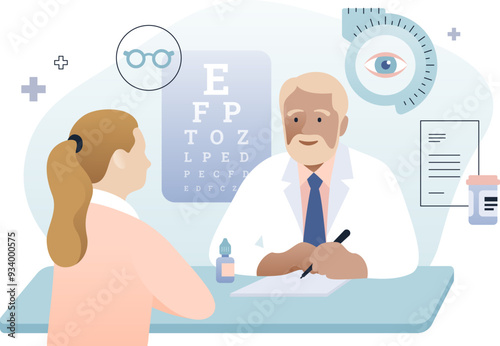 Doctor ophthalmologist with patient flat illustration. Optometrist consultation, vision exam and eyecare service elements. Color infographic with icons isolated.