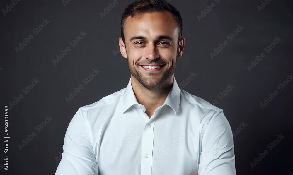 Handsome young man in white shirt standing with crossed arms and looking at camera Handsome young man in white shirt standing with crossed arms and looking at camera