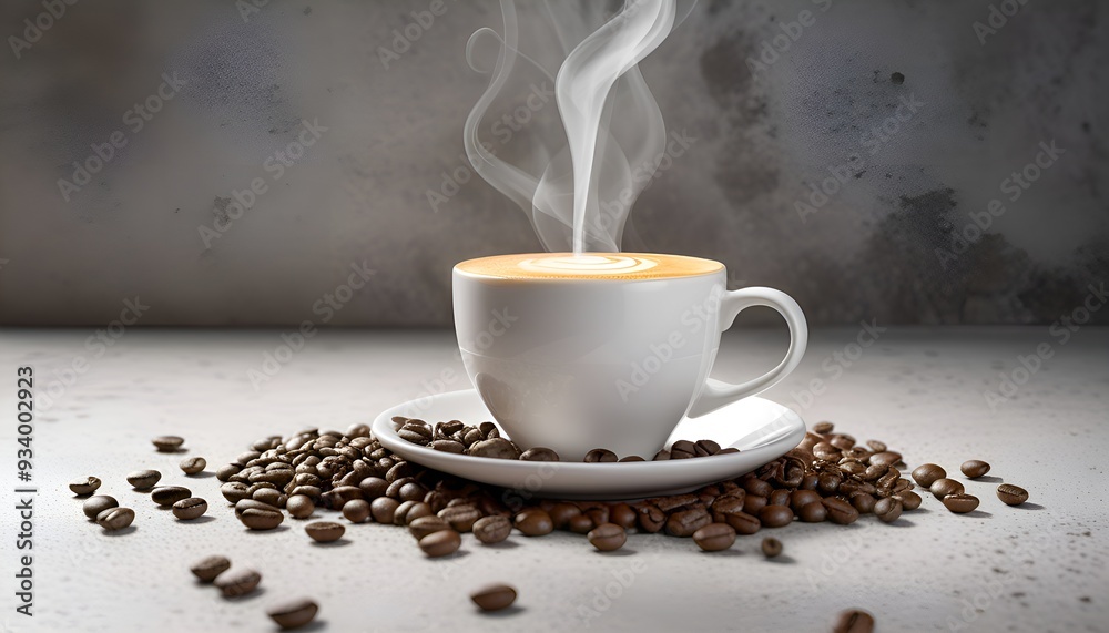 coffee cup coffee beans on the cement background with smoky aroma. coffee cup coffee beans on the cement background with smoky aroma.