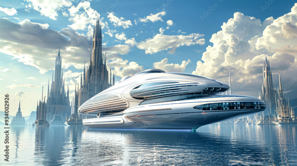 Fototapeta premium A luxurious and elegantly designed cruise ship sails gracefully across calm waters, gliding past an awe-inspiring alien city under a vibrant sky