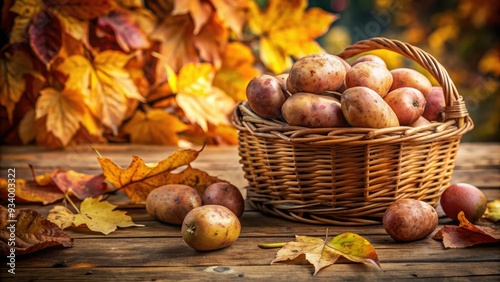 Freshly harvested russet potatoes heaped in a wicker basket, with a few scattered on a rustic wooden table, surrounded by fall foliage and earthy tones. photo