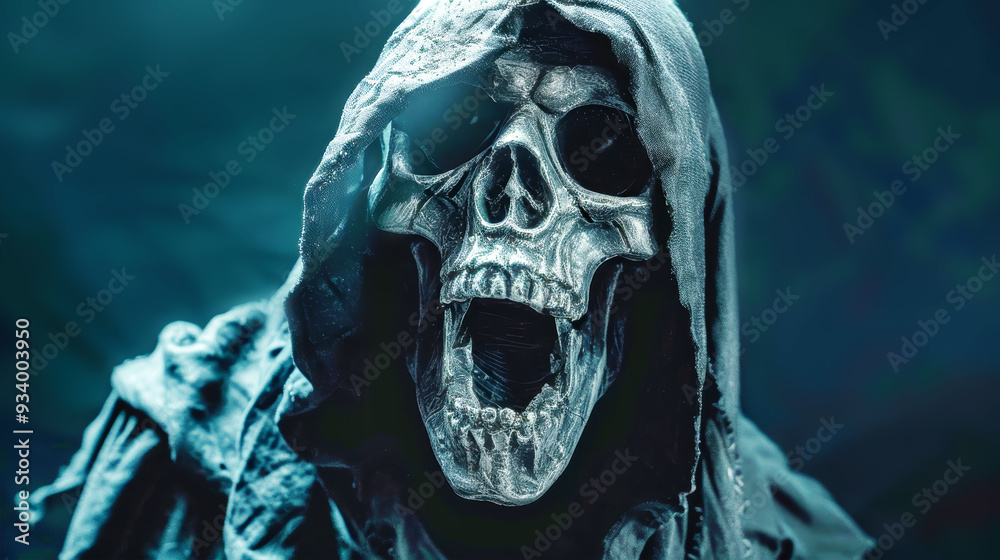 A horror-themed character of a grim reaper screams in fear, showcasing a haunting skeleton head and dark cloak on a contrast-rich black background A horror-themed character of a grim reaper screams in fear, showcasing a haunting skeleton head and dark cloak on a contrast-rich black background
