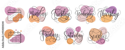 Set of calligraphically written days of the week, lettering. Sunday, Monday, Tuesday, Wednesday, Thursday, Friday Saturday vector illustration