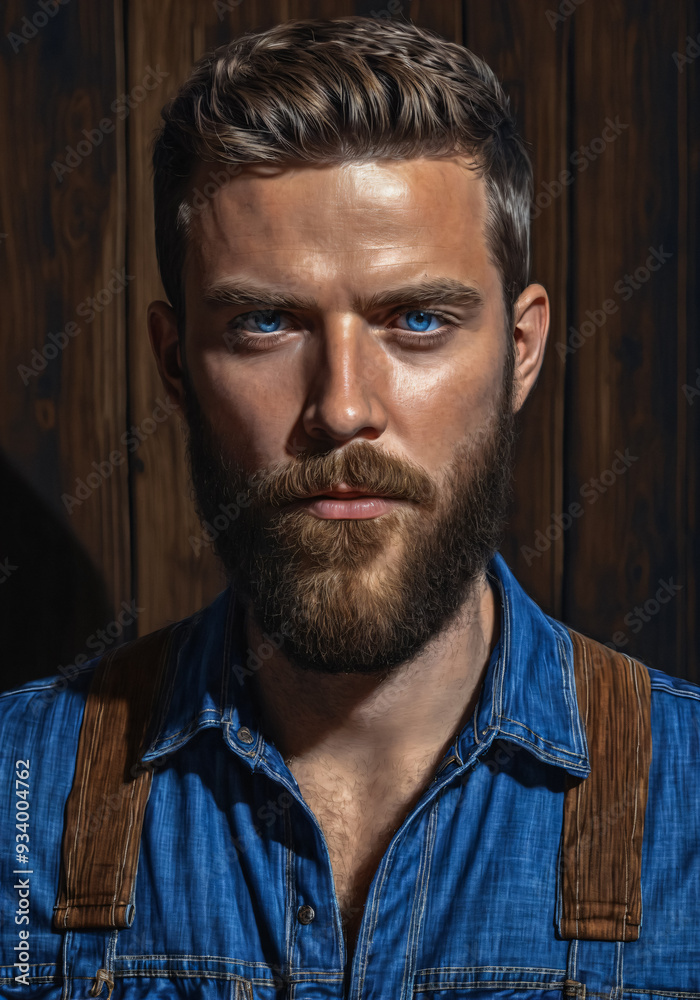 Portrait of a young man with a beard in a denim shirt against a wooden wall. Portrait of a young man with a beard in a denim shirt against a wooden wall.