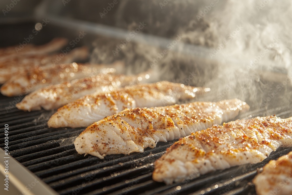 Grilling seasoned fish fillets on a barbecue during a sunny afternoon Grilling seasoned fish fillets on a barbecue during a sunny afternoon