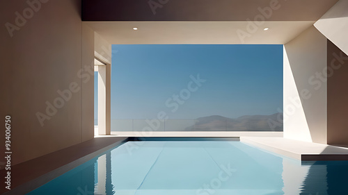 A spacious, modern swimming pool with a well-designed second floor overlooking it. photo