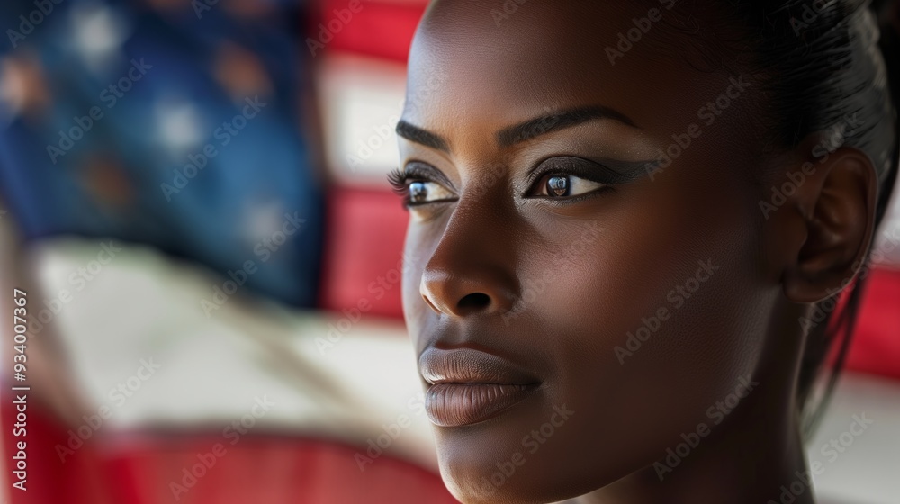 Close-up portrait of a dark-skinned beautiful girl with a well-groomed face against the background of an American flag. Close-up portrait of a dark-skinned beautiful girl with a well-groomed face against the background of an American flag.
