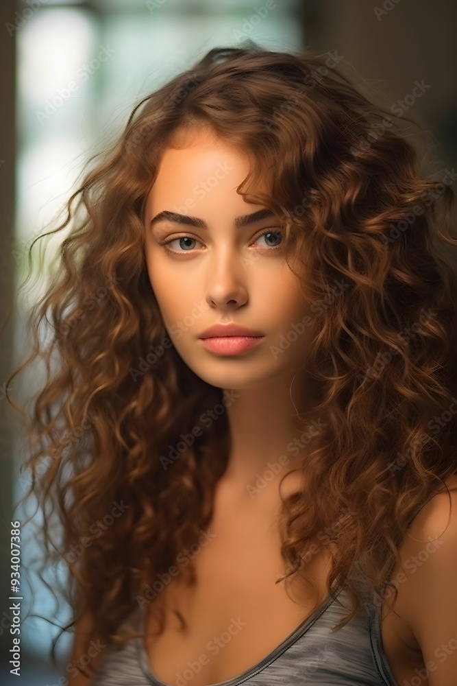Young woman with curly hair poses indoors in soft lighting Young woman with curly hair poses indoors in soft lighting