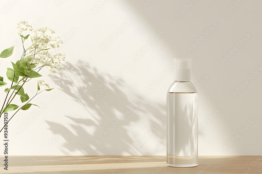 Mock-Up of Empty Transparent Facial Cleansing Bottle on Beige Wooden Table