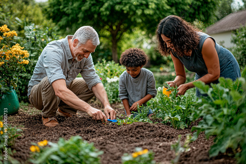 Happy family teaching their child to garden in a sunny backyard