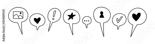 Cute line doodle social media reaction icon set. Speech bubble with heart, star, picture, check, emoticon. Follow, share, appreciate, read message, feedback, recommend symbols