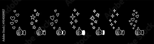 Cute line doodle thumb up icon. Positive reaction for social media post, live stream, book, online shopping experience. Handwriting falling stars, bling, sparks, glitter, hears, twinkle
