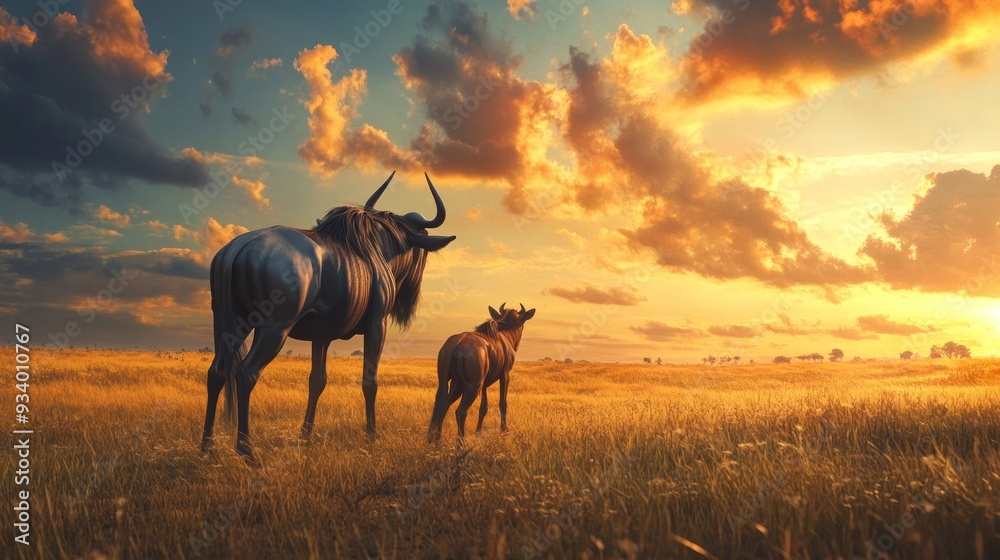 African Sunset with Wildebeest African Sunset with Wildebeest