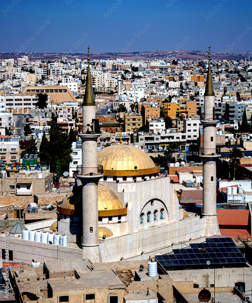 Fototapeta premium Contrasts of Jordan: Modern Amman Towers, Old Madaba Church, Historic Bridge, and Al-Hashimiah Town، Petroleum refinery 