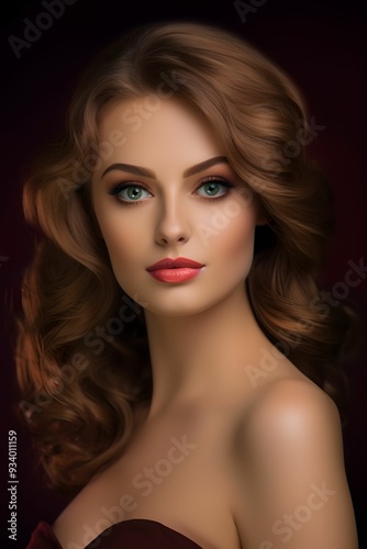 A woman with elegant curls and captivating blue eyes poses for a close-up portrait with a soft, dark background