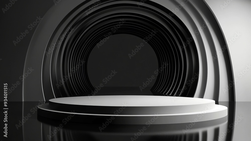 Obraz premium An abstract background featuring a black and white round tunnel podium, with reflections on a glossy floor.